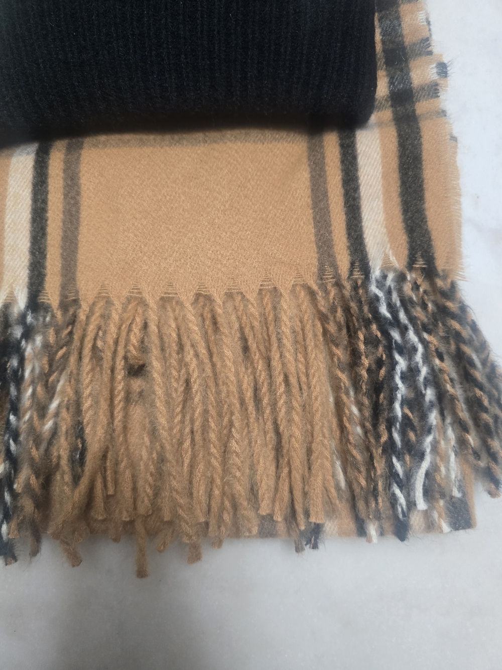 Steve Madden Black Pom Pom Beanie with Plaid Scarf - Picture 2 of 5
